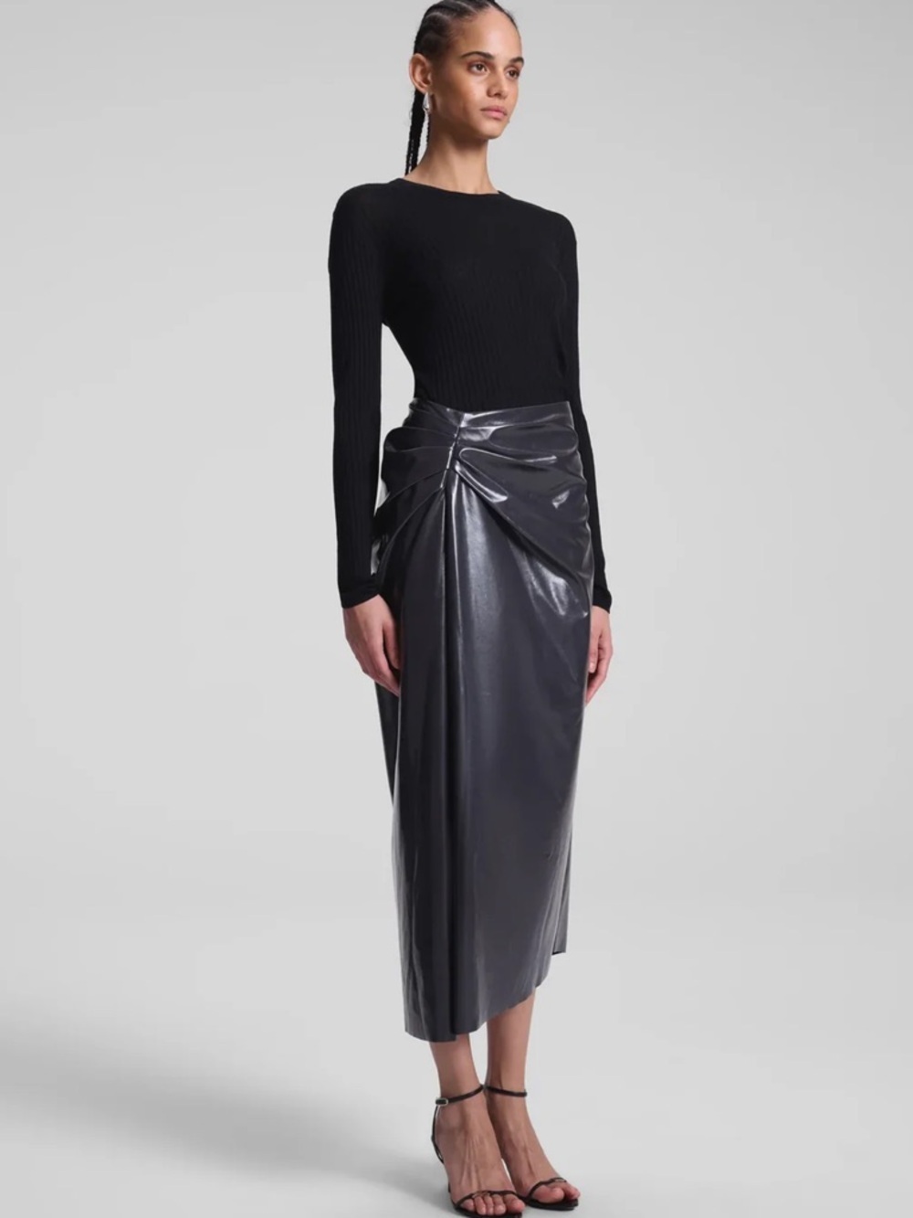A.L.C. ALC Tessa Ruched Faux Leather Midi Skirt Smoke